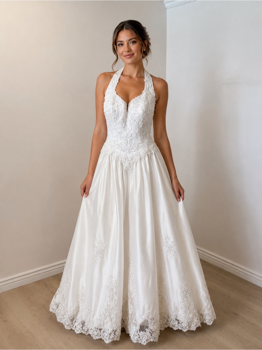 Michaelangelo Ivory Lace Halter Wedding Dress